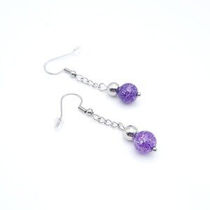 Purple Glass Silver Stainless Steel Dangle Drop Chain Earrings Handmade Jewelry